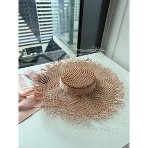 Morgan and Taylor Blush Pink Woven Straw Hat with Netting and Ribbon HM702 NWT